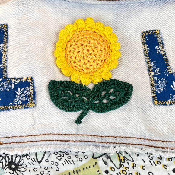 Pistola Boho Denim Distressed Vest Jacket Upcycled 3D Crochet Festival S/M - Picture 4 of 15